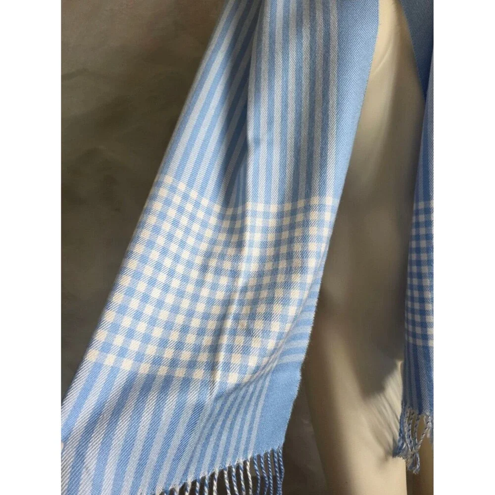 Cashmere Scarf Light Blue & White Checkered Stripe Krama 70' Including Fringe